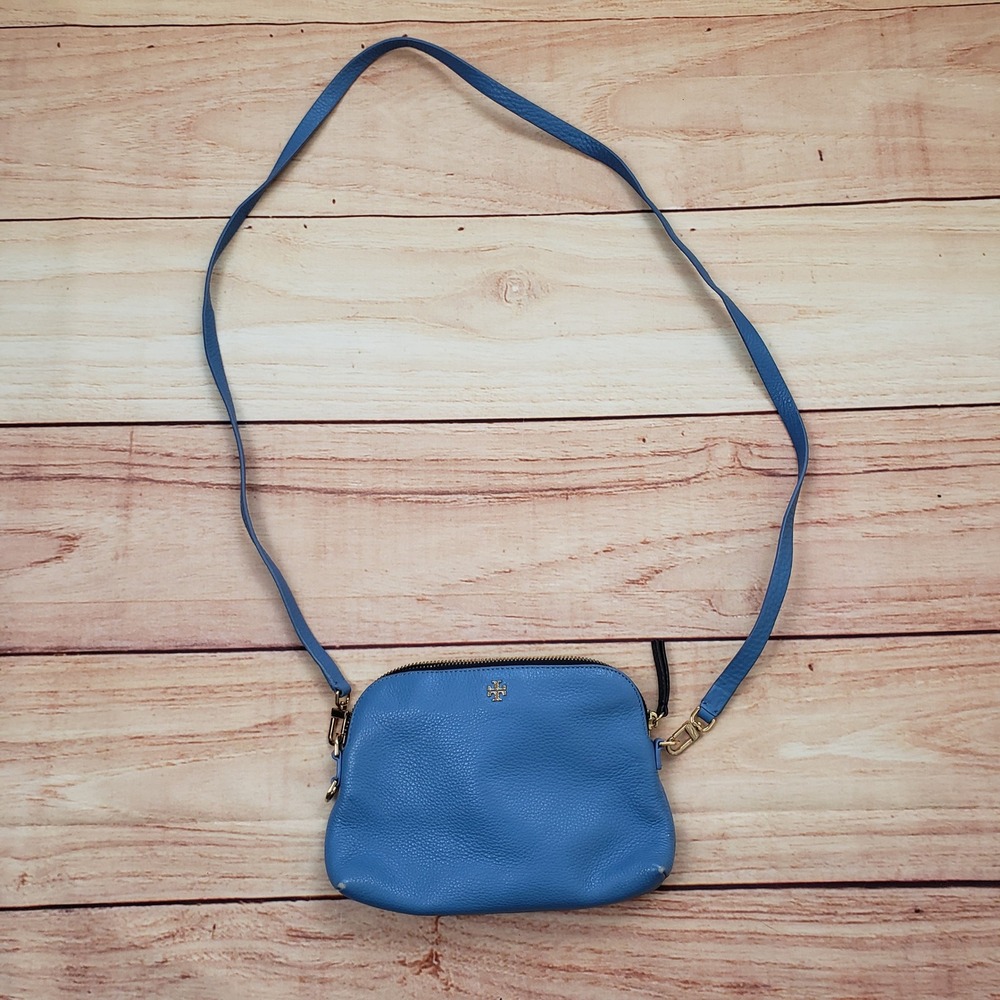 Tory Burch Purse Blue Pebbled Leather Crossbody Bag Gold Bird Heart Charm Small